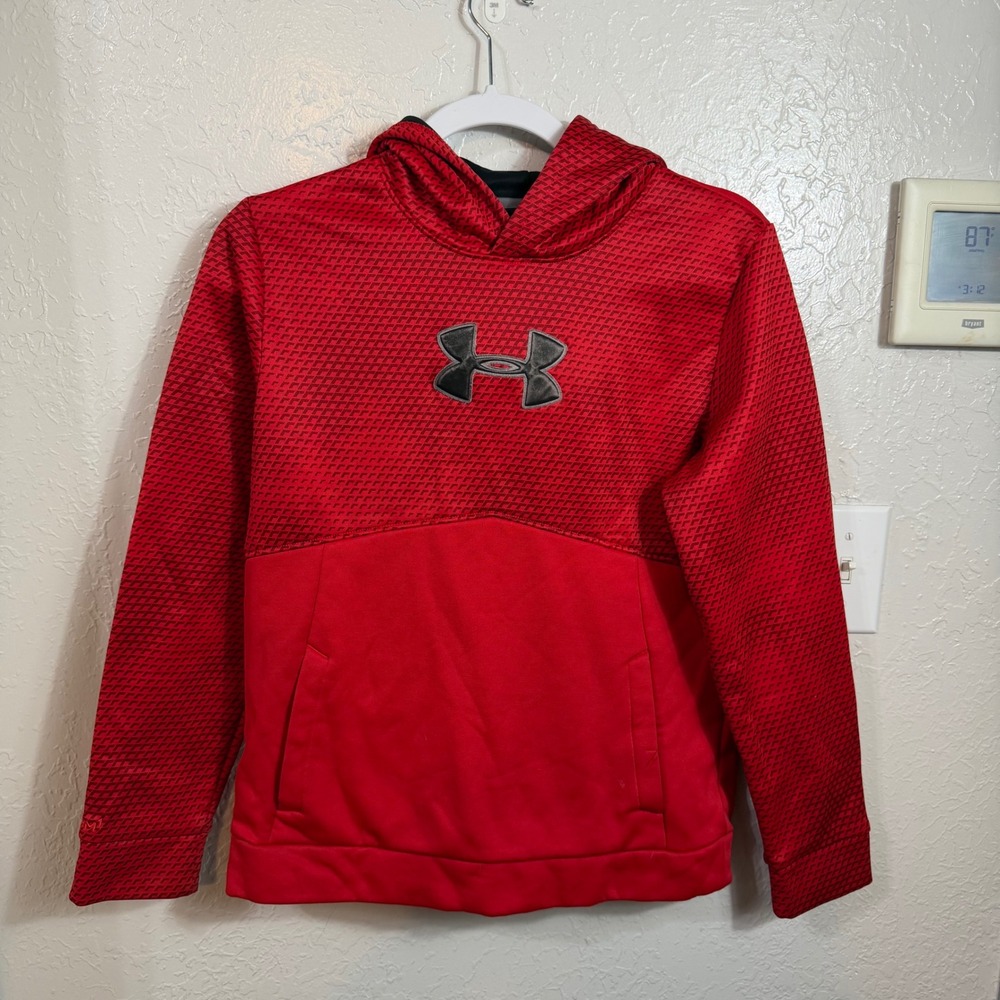Under Armour Kids Red Textured Fleece Hoodie Loose Fit Youth Large YLG